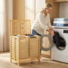 Bamboe Wasmand Met Deksel, 2 Manden, Opvouwbaar, 64L, Natuur En Crème Wit