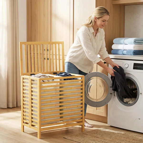 Bamboe Wasmand Met Deksel, 2 Manden, Opvouwbaar, 64L, Natuur En Crème Wit
