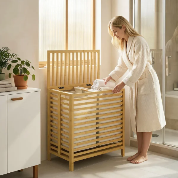 Bamboe Wasmand Met Deksel, 2 Manden, Opvouwbaar, 64L, Natuur En Crème Wit