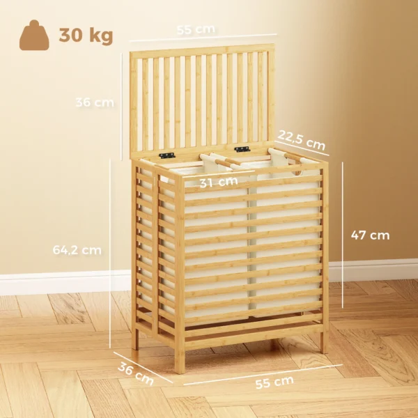 Bamboe Wasmand Met Deksel, 2 Manden, Opvouwbaar, 64L, Natuur En Crème Wit