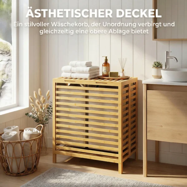 Bamboe Wasmand Met Deksel, 2 Manden, Opvouwbaar, 64L, Natuur En Crème Wit