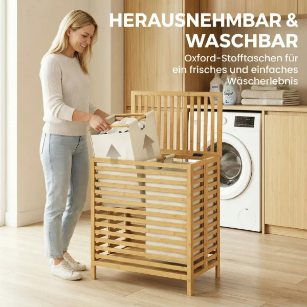 Bamboe Wasmand Met Deksel, 2 Manden, Opvouwbaar, 64L, Natuur En Crème Wit