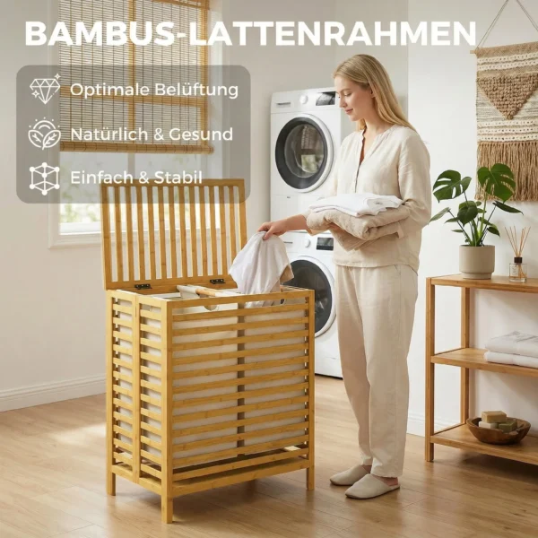 Bamboe Wasmand Met Deksel, 2 Manden, Opvouwbaar, 64L, Natuur En Crème Wit
