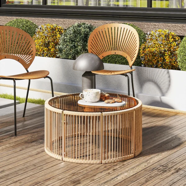 Bijzettafel Van Polyrattan Koffietafel Met Gehard Glazen Blad Tuintafel Met Stalen Frame 70 X 70 X 33 Cm Bruin