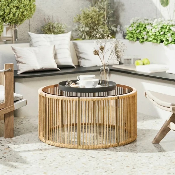 Bijzettafel Van Polyrattan Koffietafel Met Gehard Glazen Blad Tuintafel Met Stalen Frame 70 X 70 X 33 Cm Bruin