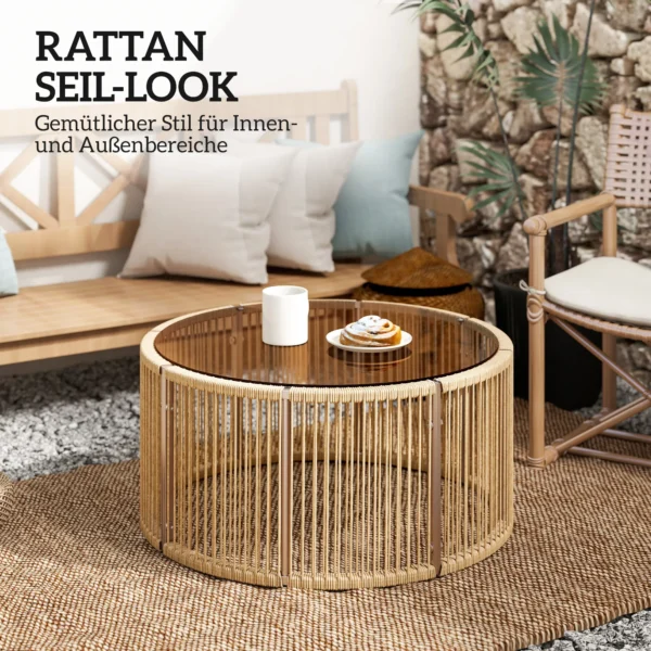 Bijzettafel Van Polyrattan Koffietafel Met Gehard Glazen Blad Tuintafel Met Stalen Frame 70 X 70 X 33 Cm Bruin