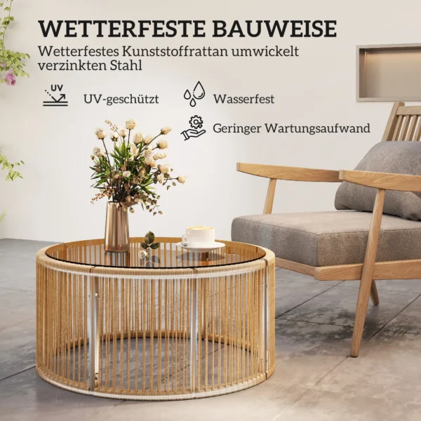 Bijzettafel Van Polyrattan Koffietafel Met Gehard Glazen Blad Tuintafel Met Stalen Frame 70 X 70 X 33 Cm Bruin