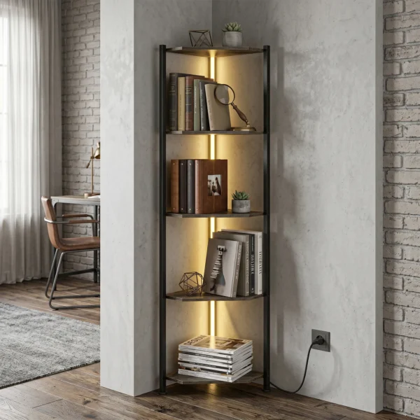 Boekenkast Met 5 Verdiepingen Hoekplank Met LED verlichting Voor Woonkamer, Slaapkamer, Kantoor, Rustiek Bruin