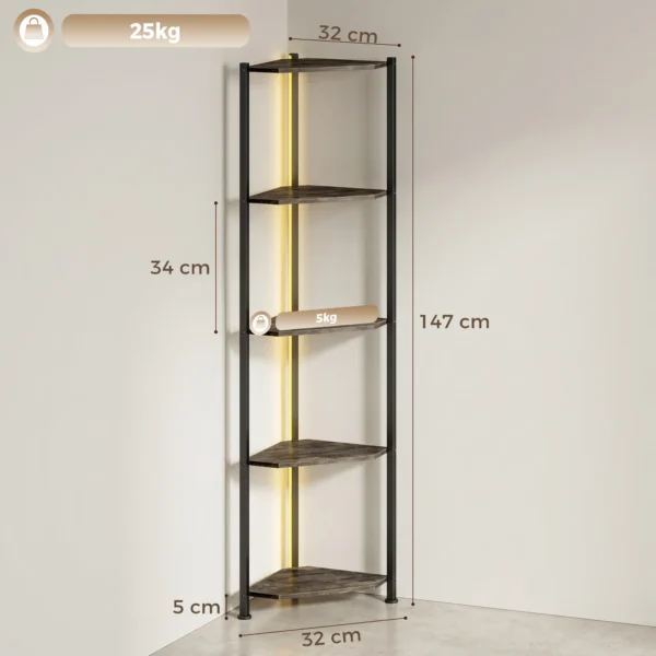 Boekenkast Met 5 Verdiepingen Hoekplank Met LED verlichting Voor Woonkamer, Slaapkamer, Kantoor, Rustiek Bruin