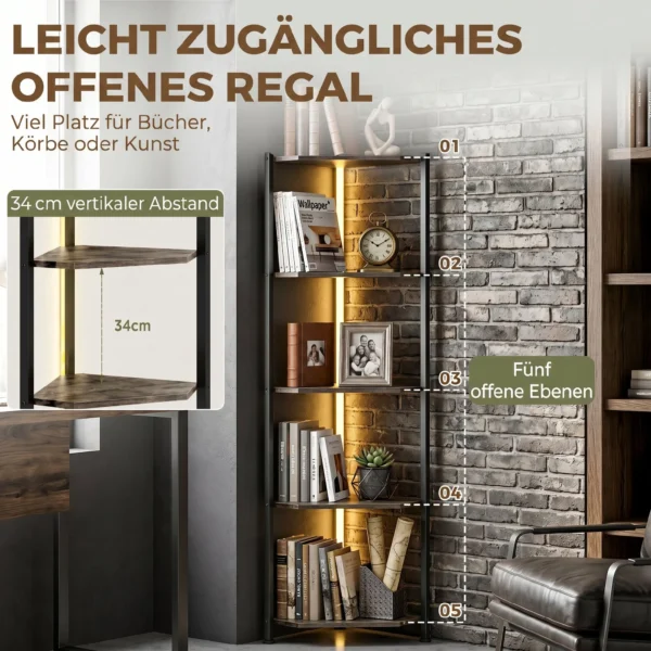Boekenkast Met 5 Verdiepingen Hoekplank Met LED verlichting Voor Woonkamer, Slaapkamer, Kantoor, Rustiek Bruin