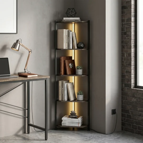 Boekenkast Met 5 Verdiepingen Hoekplank Met LED verlichting Voor Woonkamer, Slaapkamer, Kantoor, Rustiek Bruin