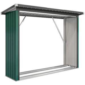 Brandhoutschuur, Brandhoutonderstand, Staal, Verhoogde Vloer, Schuin Dak, 213 X 66,5 X 150 Cm, Groen
