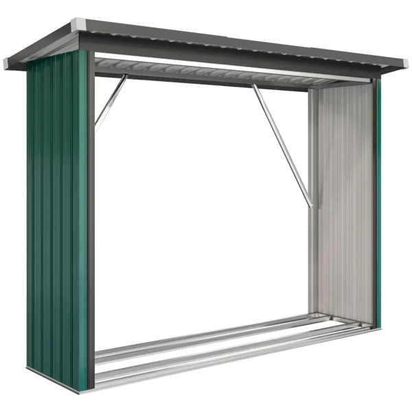 Brandhoutschuur, Brandhoutonderstand, Staal, Verhoogde Vloer, Schuin Dak, 213 X 66,5 X 150 Cm, Groen