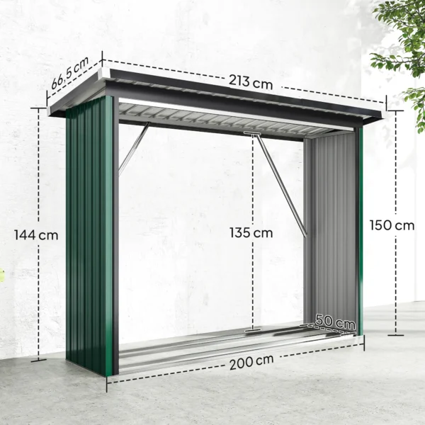 Brandhoutschuur, Brandhoutonderstand, Staal, Verhoogde Vloer, Schuin Dak, 213 X 66,5 X 150 Cm, Groen