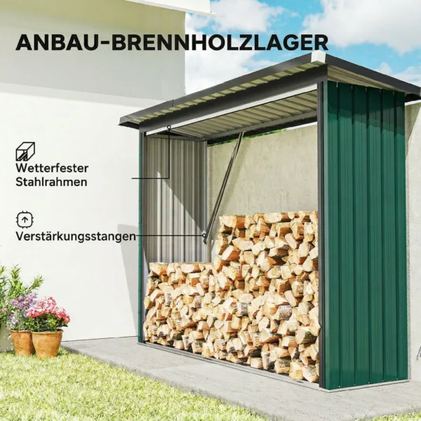Brandhoutschuur, Brandhoutonderstand, Staal, Verhoogde Vloer, Schuin Dak, 213 X 66,5 X 150 Cm, Groen