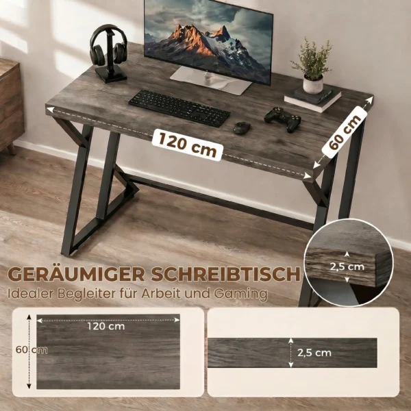 Bureau Computertafel 120x60cm Bureautafel Met Z vormige Metalen Voet, Houtlook, Industrieel Ontwerp Voor Kantoor, Grijs
