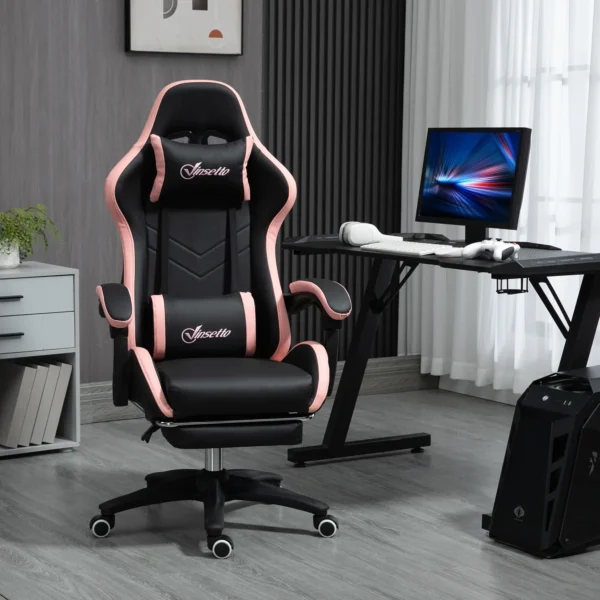Bureaustoel, Gamingstoel, 1 Hoofdsteun, 1 Lendensteun, Roze + Zwart