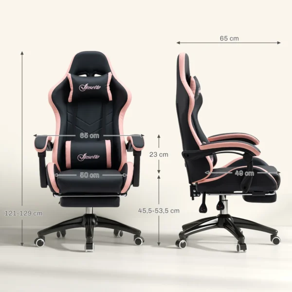 Bureaustoel, Gamingstoel, 1 Hoofdsteun, 1 Lendensteun, Roze + Zwart