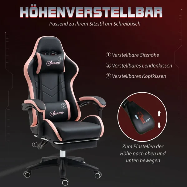 Bureaustoel, Gamingstoel, 1 Hoofdsteun, 1 Lendensteun, Roze + Zwart