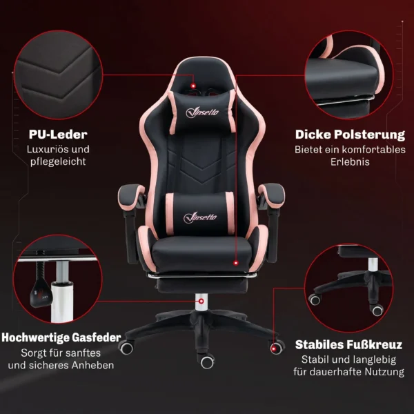 Bureaustoel, Gamingstoel, 1 Hoofdsteun, 1 Lendensteun, Roze + Zwart