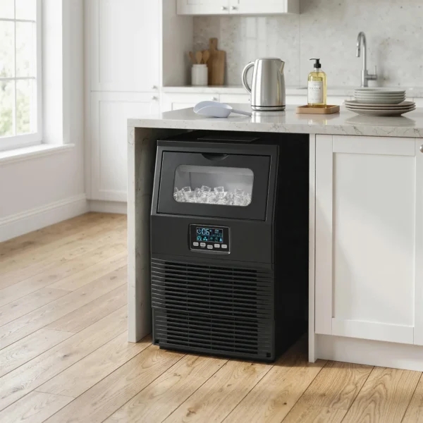 Commerciële 30 Kg/24H Vrijstaande IJsblokjesmachine Met 4 Kg Opslag, Zelfreinigend, Timer Staal Zwart