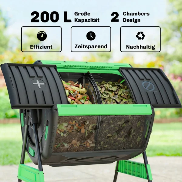 Compostbak, 200L Dubbele Kamer Composter Met Verstelbare Ventilatieopeningen, BPA vrij, Groen