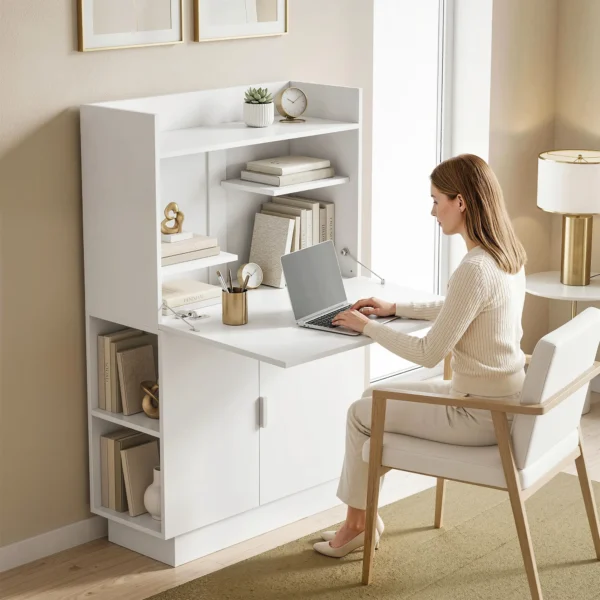 Computerschrijftafel Klaptafel Met Planken En Kast Voor Het Thuiskantoor, 128 Cm Hoog, Wit