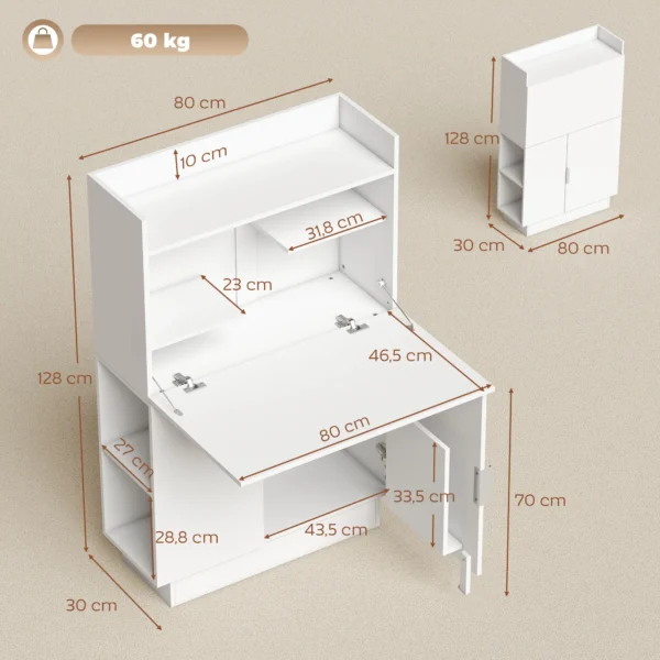 Computerschrijftafel Klaptafel Met Planken En Kast Voor Het Thuiskantoor, 128 Cm Hoog, Wit