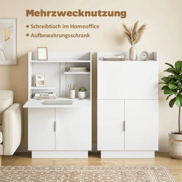 Computerschrijftafel Klaptafel Met Planken En Kast Voor Het Thuiskantoor, 128 Cm Hoog, Wit