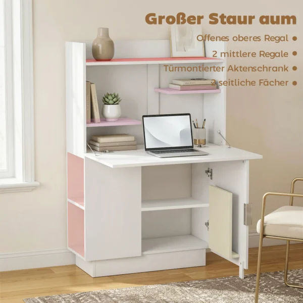 Computerschrijftafel Klaptafel Met Planken En Kast Voor Het Thuiskantoor, 128 Cm Hoog, Wit