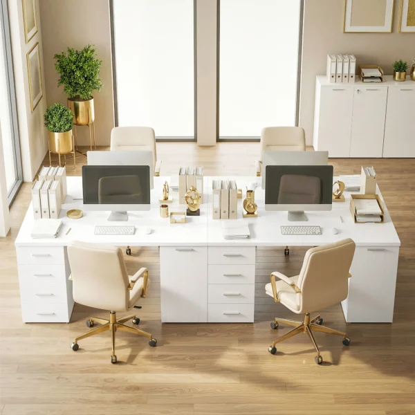 Computertafel Met 4 Laden En Kast, 140 Cm Bureau Voor Studeerkamer, Wit Houtlook