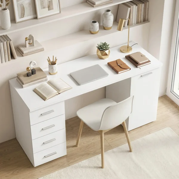 Computertafel Met 4 Laden En Kast, 140 Cm Bureau Voor Studeerkamer, Wit Houtlook