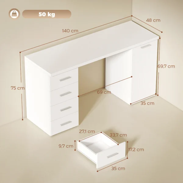 Computertafel Met 4 Laden En Kast, 140 Cm Bureau Voor Studeerkamer, Wit Houtlook