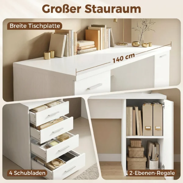 Computertafel Met 4 Laden En Kast, 140 Cm Bureau Voor Studeerkamer, Wit Houtlook