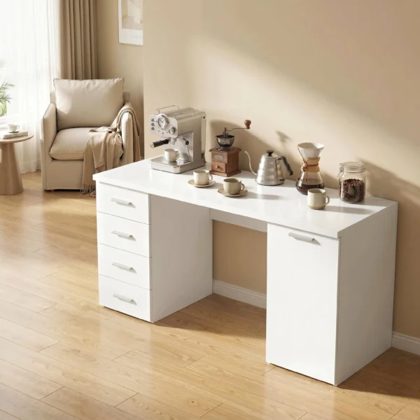 Computertafel Met 4 Laden En Kast, 140 Cm Bureau Voor Studeerkamer, Wit Houtlook