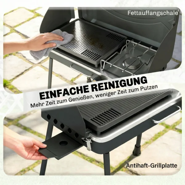 Draagbare Gasgrill 2 Branders 7 KW 2 in 1 Tafelgrill Met Braadfunctie Inklapbare Poten Grillrooster Windscherm Deksel Sluiting
