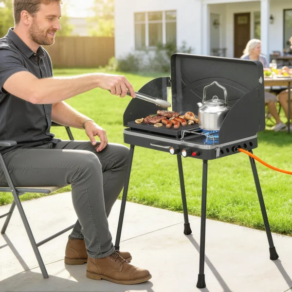 Draagbare Gasgrill 2 Branders 7 KW 2 in 1 Tafelgrill Met Braadfunctie Inklapbare Poten Grillrooster Windscherm Deksel Sluiting