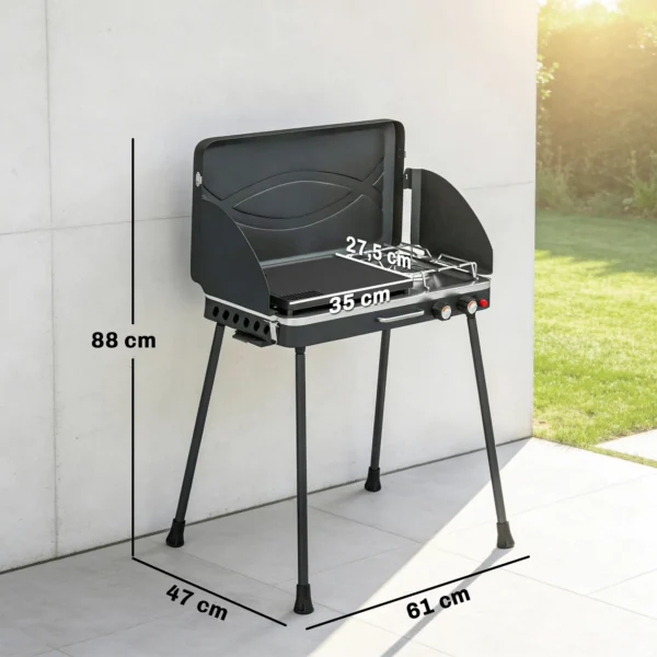 Draagbare Gasgrill 2 Branders 7 KW 2 in 1 Tafelgrill Met Braadfunctie Inklapbare Poten Grillrooster Windscherm Deksel Sluiting