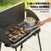 Draagbare Gasgrill 2 Branders 7 KW 2 in 1 Tafelgrill Met Braadfunctie Inklapbare Poten Grillrooster Windscherm Deksel Sluiting