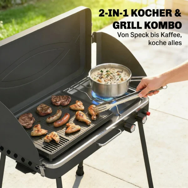 Draagbare Gasgrill 2 Branders 7 KW 2 in 1 Tafelgrill Met Braadfunctie Inklapbare Poten Grillrooster Windscherm Deksel Sluiting