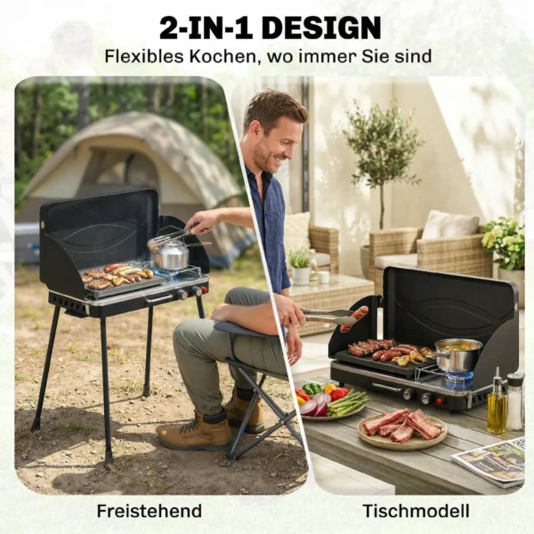 Draagbare Gasgrill 2 Branders 7 KW 2 in 1 Tafelgrill Met Braadfunctie Inklapbare Poten Grillrooster Windscherm Deksel Sluiting