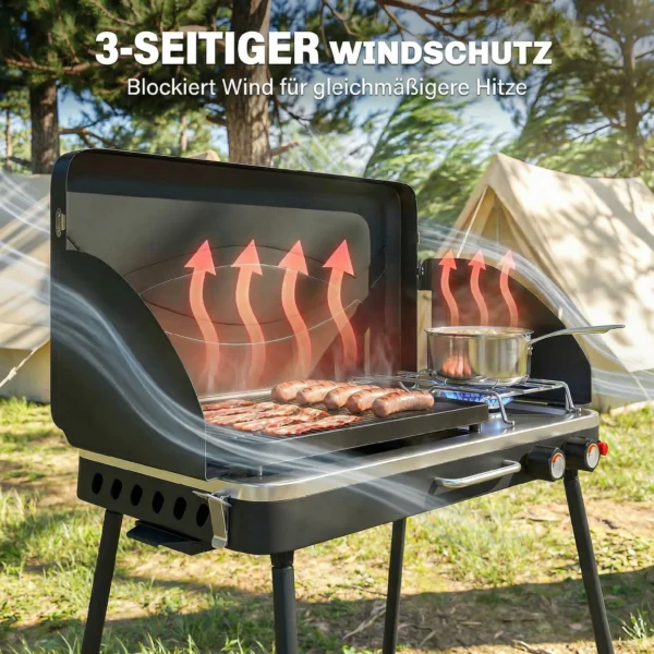 Draagbare Gasgrill 2 Branders 7 KW 2 in 1 Tafelgrill Met Braadfunctie Inklapbare Poten Grillrooster Windscherm Deksel Sluiting