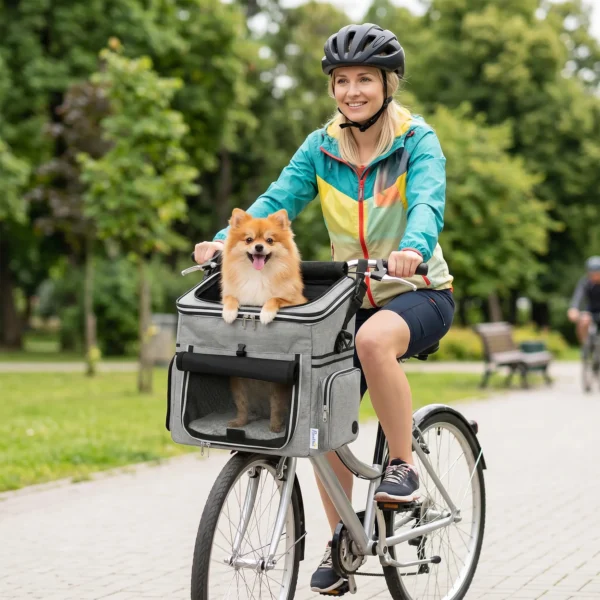 Draagbare Hondenmand Voor Fiets Voorzijde Met Veiligheidslijn, Kussen, Kom Voor Kleine Honden Tot 5kg Lichtgrijs