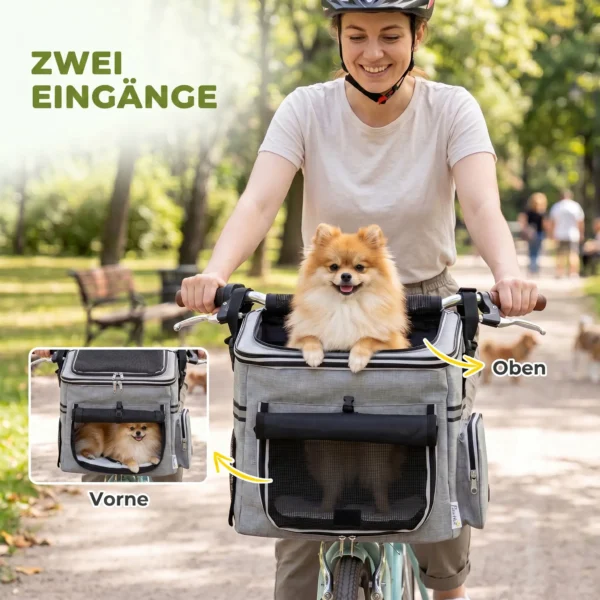 Draagbare Hondenmand Voor Fiets Voorzijde Met Veiligheidslijn, Kussen, Kom Voor Kleine Honden Tot 5kg Lichtgrijs