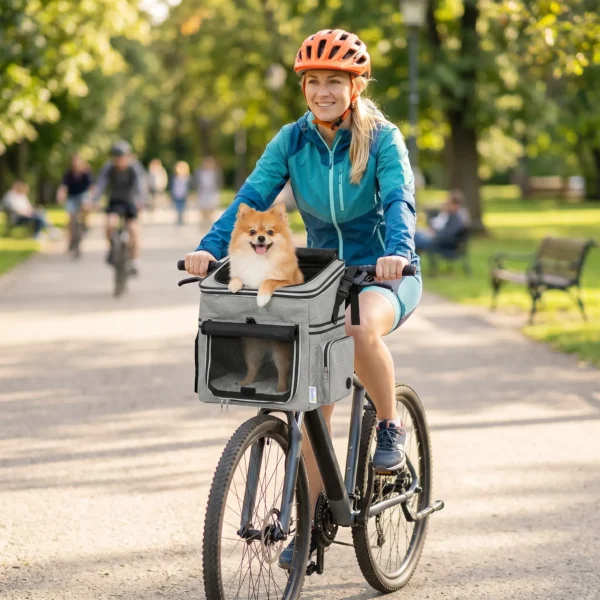 Draagbare Hondenmand Voor Fiets Voorzijde Met Veiligheidslijn, Kussen, Kom Voor Kleine Honden Tot 5kg Lichtgrijs