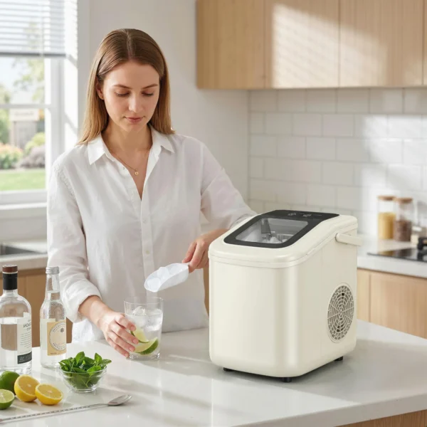 Draagbare IJsblokjesmachine Met Zelfreiniging, IJsschep & Mand, 12 Kg/24 Uur, Beige