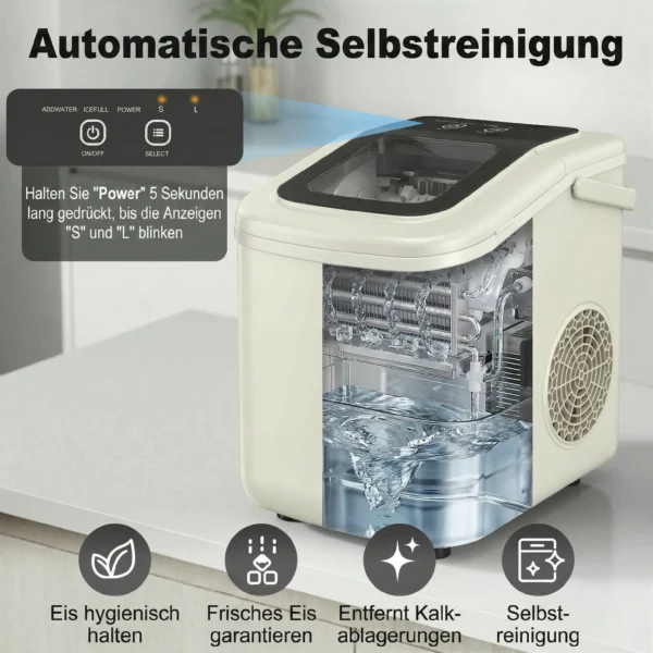 Draagbare IJsblokjesmachine Met Zelfreiniging, IJsschep & Mand, 12 Kg/24 Uur, Beige