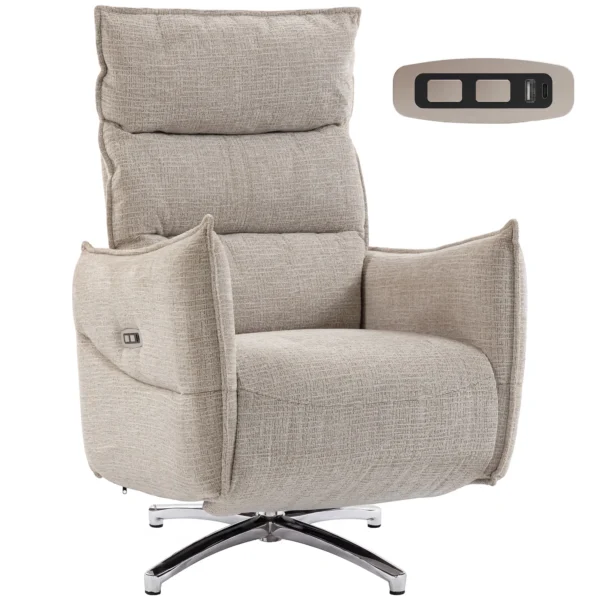 Draaibare Elektrische Relaxstoel Voor Volwassenen, Stoel Met Linnen look Stof En Oplaadpoorten, Beige