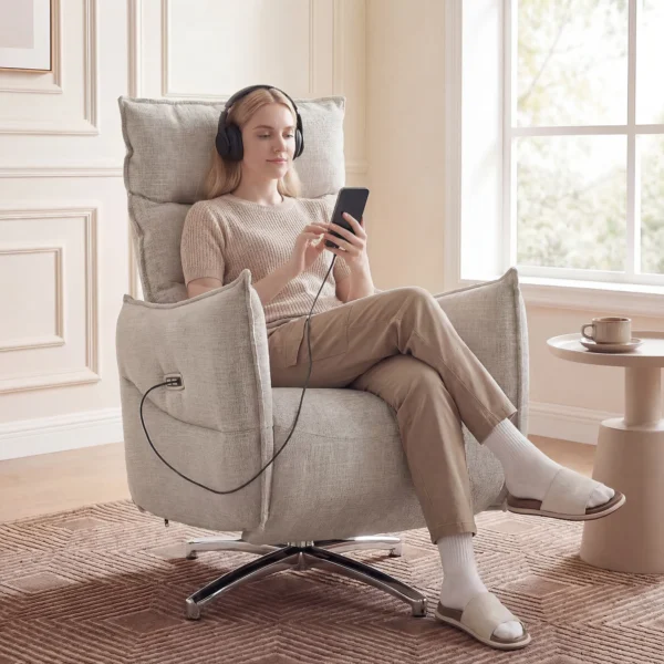 Draaibare Elektrische Relaxstoel Voor Volwassenen, Stoel Met Linnen look Stof En Oplaadpoorten, Beige