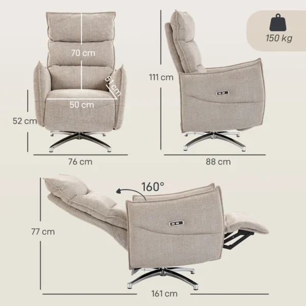 Draaibare Elektrische Relaxstoel Voor Volwassenen, Stoel Met Linnen look Stof En Oplaadpoorten, Beige